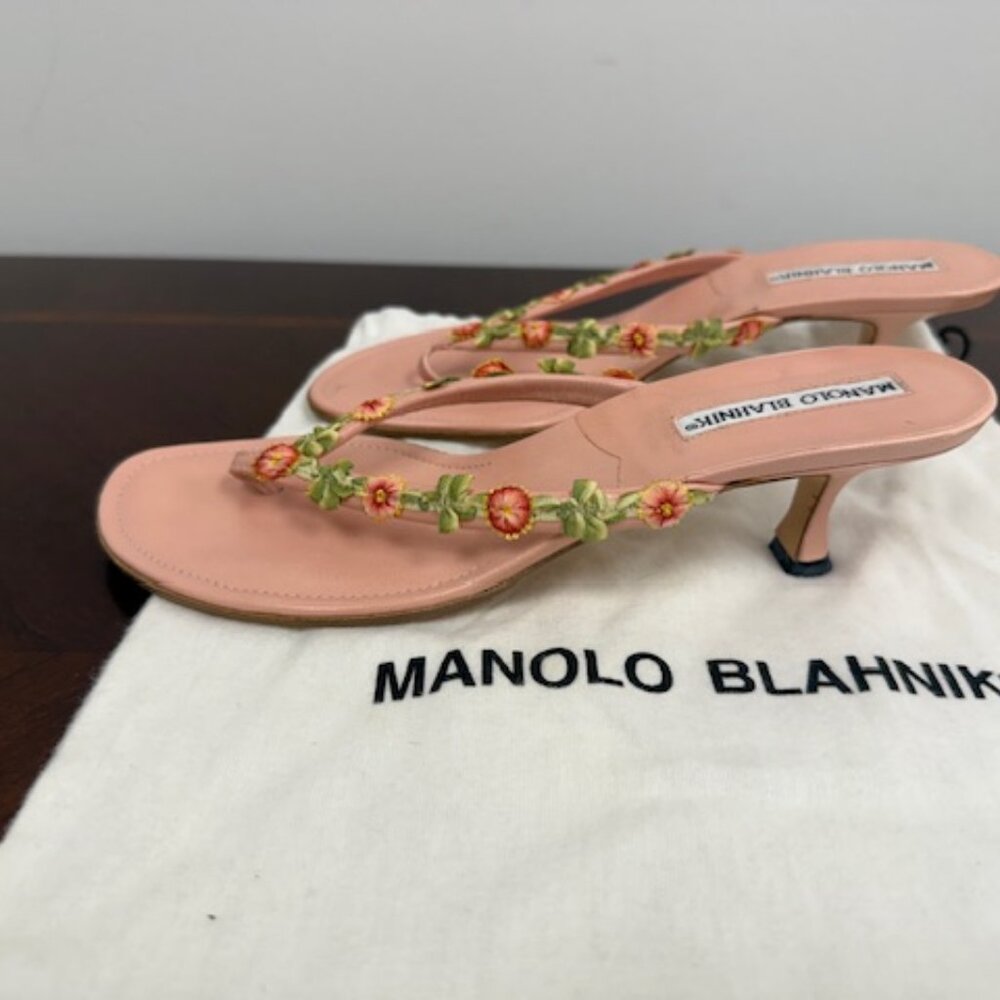 Manolo Blahnik Floral Kitten Heel Sandals